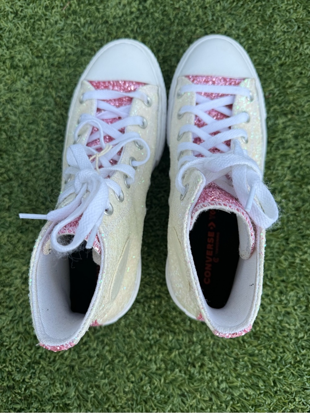 Converse All Star Pink and White Glitter High-Top Platform Sneakers - Picture 5 of 8